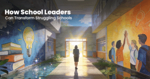 School leadership strategies, principal leading teachers in a school meeting