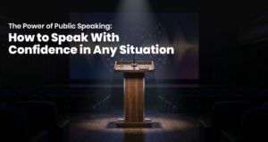 The Power of Public Speaking: A confident speaker addressing an audience during a professional presentation, demonstrating effective communication and leadership skills.