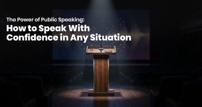 The Power of Public Speaking: A confident speaker addressing an audience during a professional presentation, demonstrating effective communication and leadership skills.